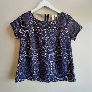 Tacera lace top, short sleeve, small size, Navy colour